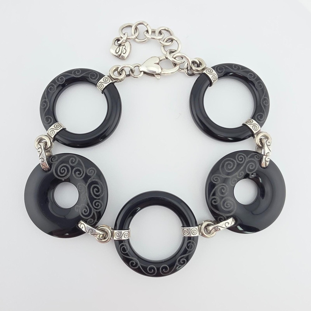 BRIGHTON 'Lava Lounge' Bracelet Black Lucite Circle Scroll Silver Plate 8.25"